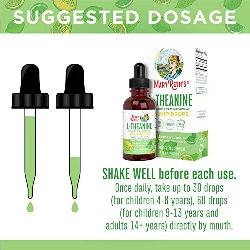 MaryRuth's L Theanine - Gotas líquidas de 200 mg | Alivio del estrés para adultos y niños | Suplemento de enfoque | Apoyo natural para el sueño | Vegano | Sin OMG | Sin gluten | 30 porciones