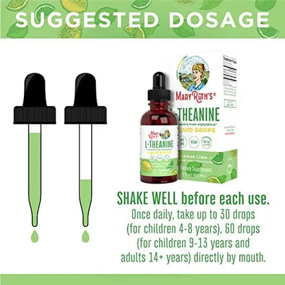 MaryRuth's L Theanine - Gotas líquidas de 200 mg | Alivio del estrés para adultos y niños | Suplemento de enfoque | Apoyo natural para el sueño | Vegano | Sin OMG | Sin gluten | 30 porciones